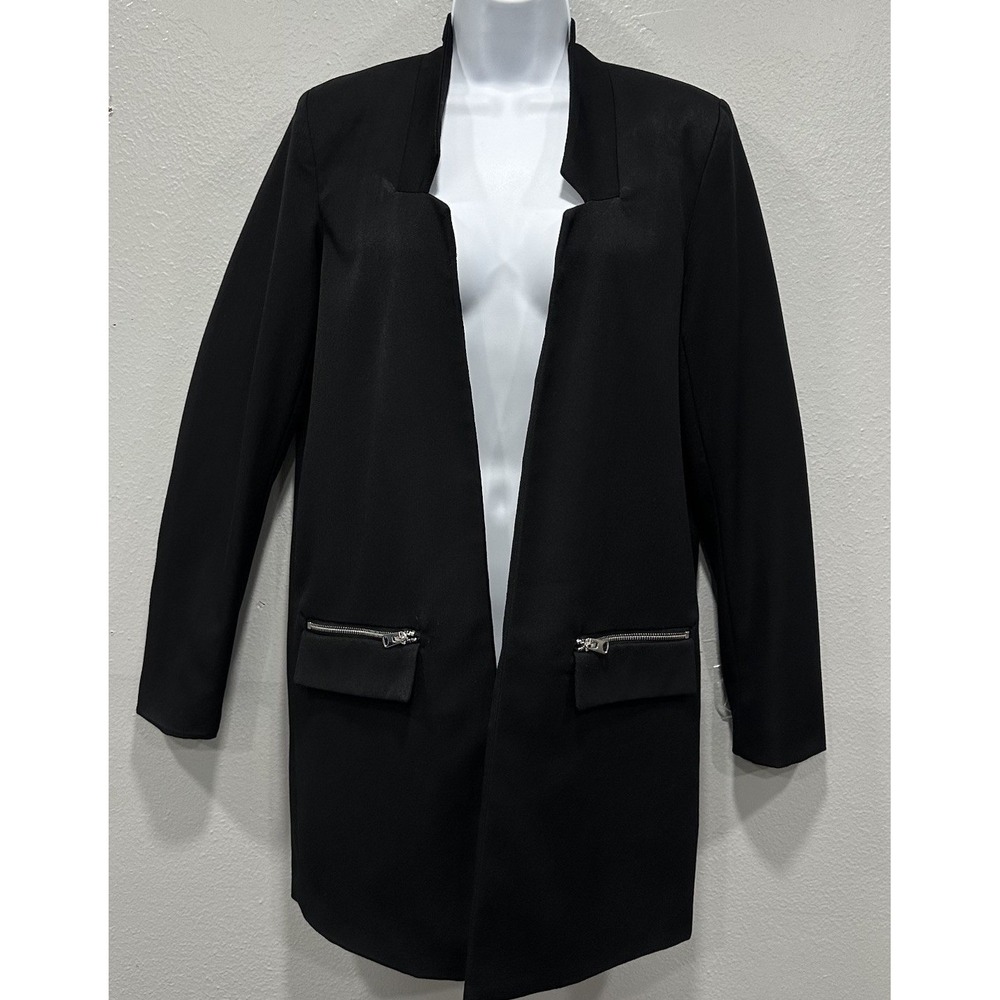 Pimkie Collection Long Blazer Womens Size Small Black Lining Pockets Open Front